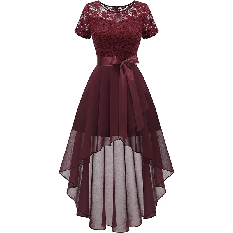 Lace Chiffon Ruffled High Slit Waist Round Neck Evening Dress Skirt - Wine Red