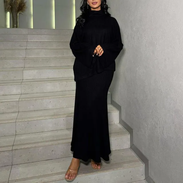 Turtleneck Loose Fit Knitted Skirt And Top Two Piece Set For FallWinter Black - Shop at LoveMi
