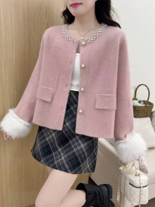 Chanel style Knitted Cardigan Autumn Women's Sweater Jacket Peach - Shop at LoveMi