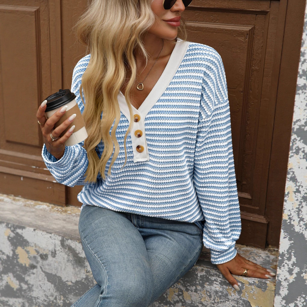 Women's V-neck Buttons Pullover Patchwork Casual Long-sleeved Top - Image 1