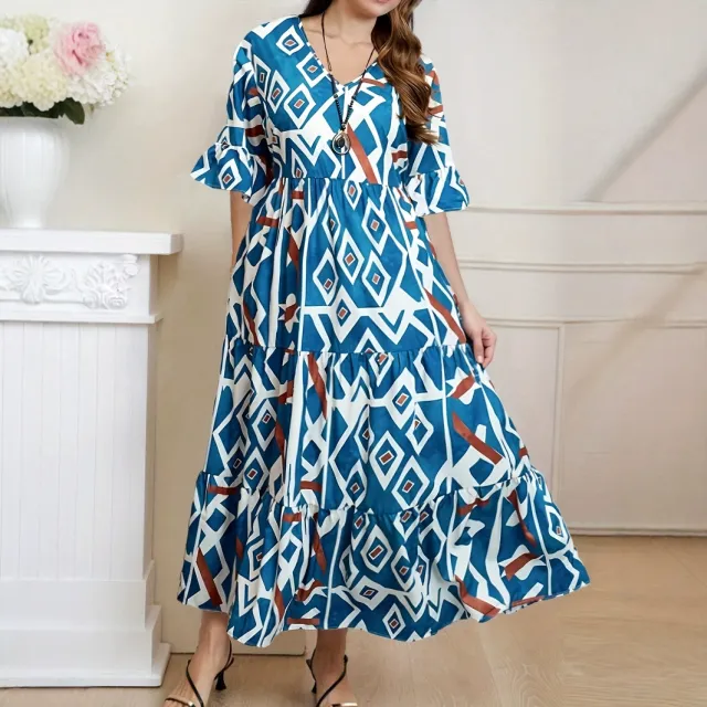 Geometric Print Bell Sleeve Long Sleeve Dress Blue - Shop at LoveMi