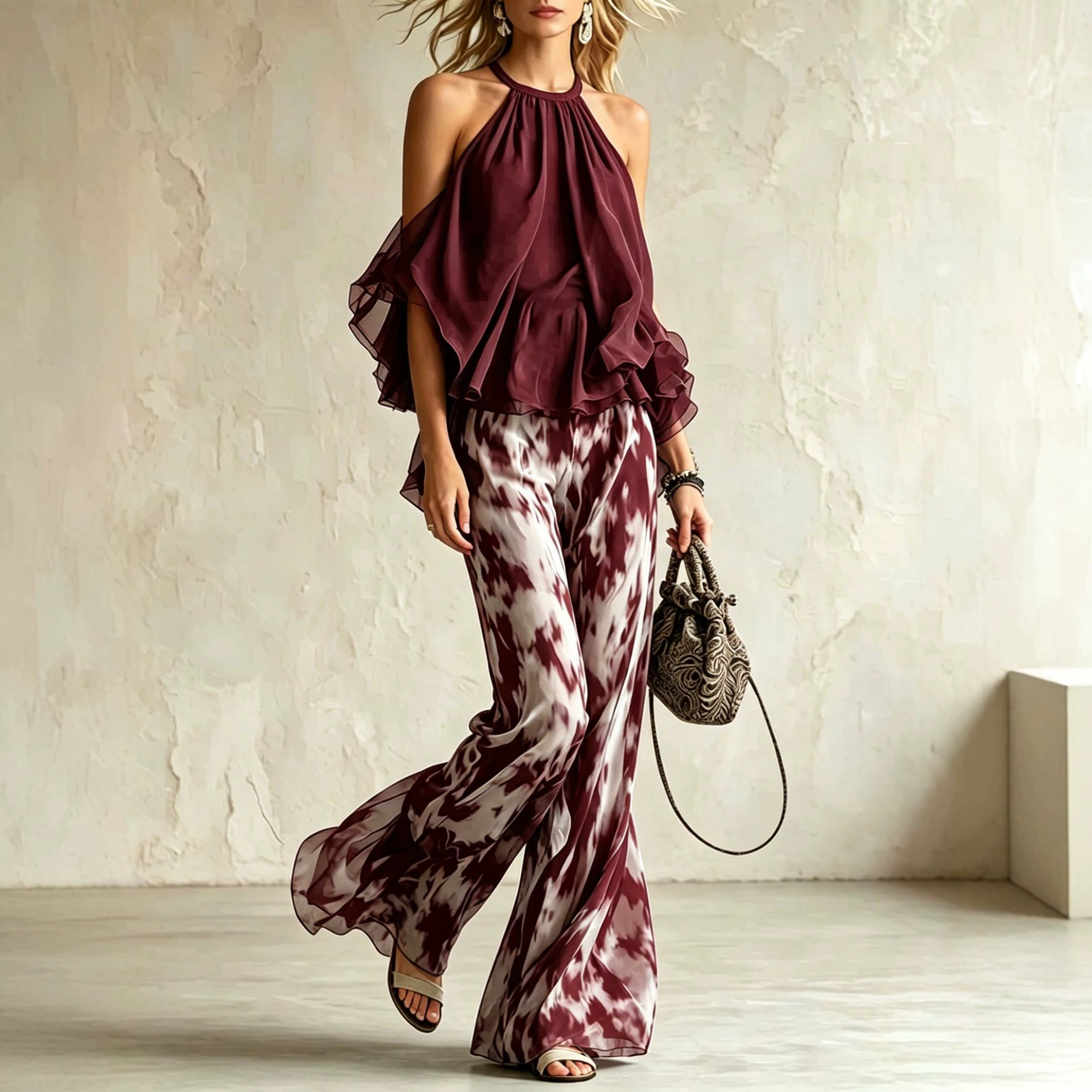 Sleeveless Halter-neck Top And Printed Wide-leg Pants Set