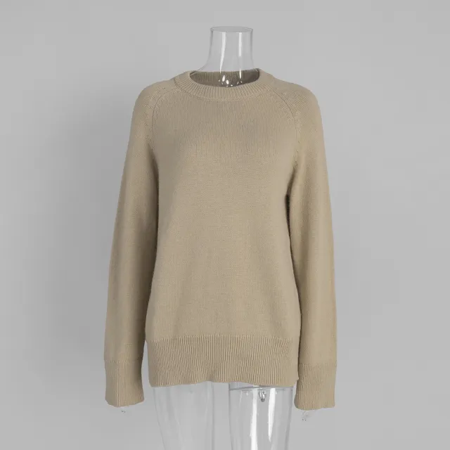 Crew Neck Pullover Sweater Women's Loose Knitted Sweater Camel - Shop at LoveMi