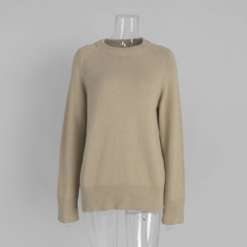 Crew Neck Pullover Sweater Women's Loose Knitted Sweater - Camel