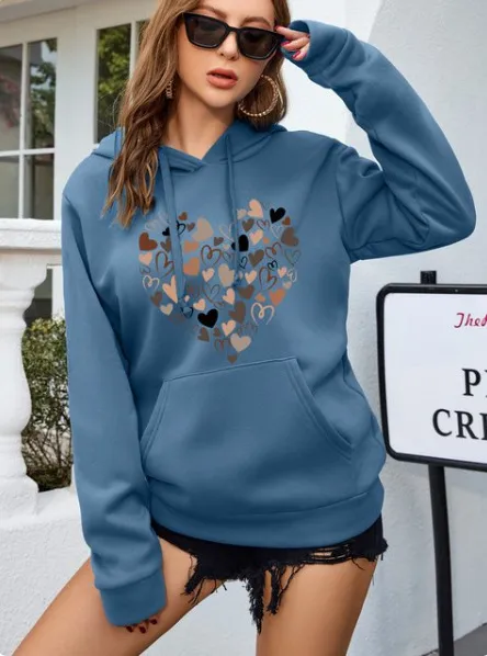 Retro Love Pattern Women's Sheath Hoodie Printed Pullover College Style 11 Blue - Shop at LoveMi
