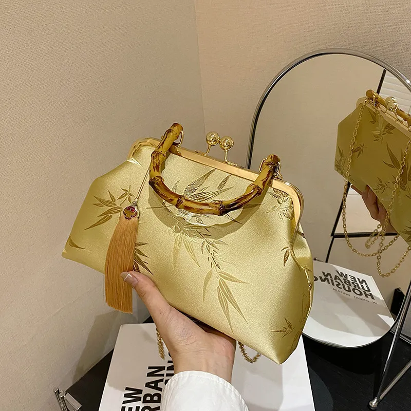 Embroidered Retro Portable Crossbody Bag Cheongsam Ethnic Style - Gold
