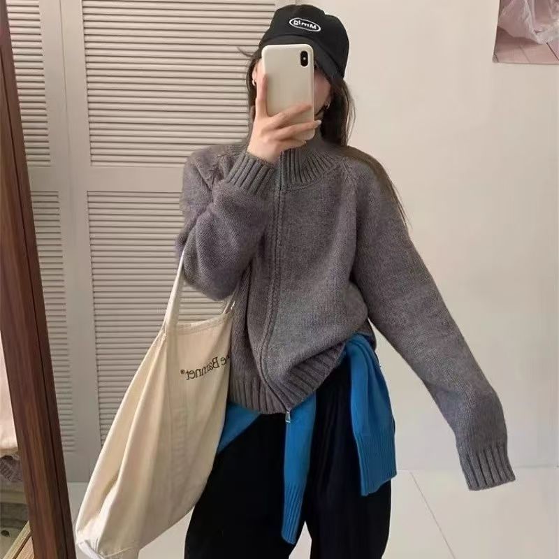 Loose-fitting Simple Stand-collar Laid-back Knit Cardigan Top