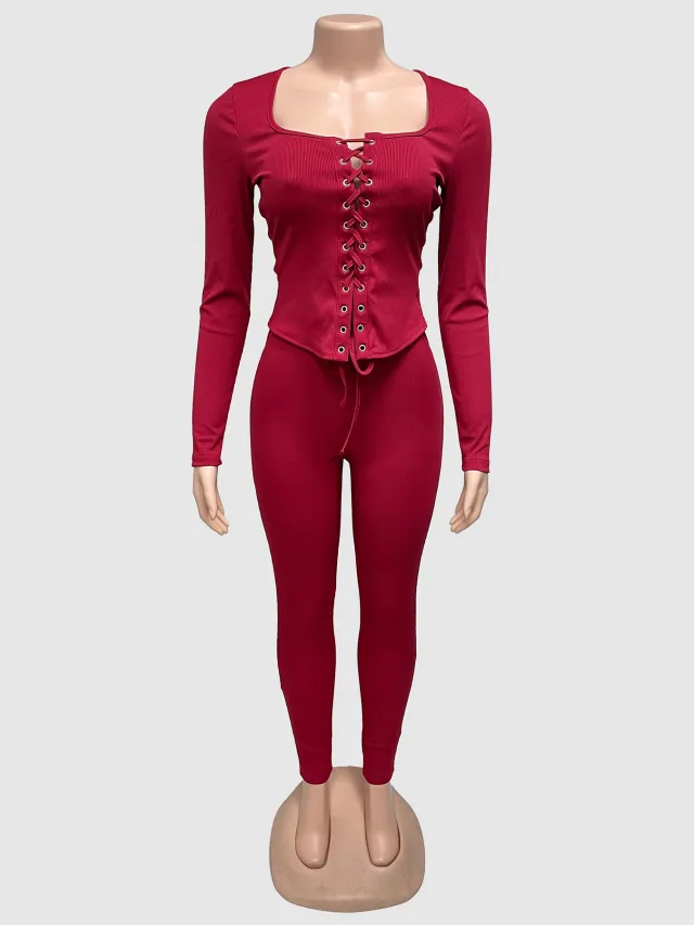 Women's Sexy Girl Chest Tie Long Sleeve Long Pants Solid Color Slim Two piece Set Wine Red - Shop at LoveMi