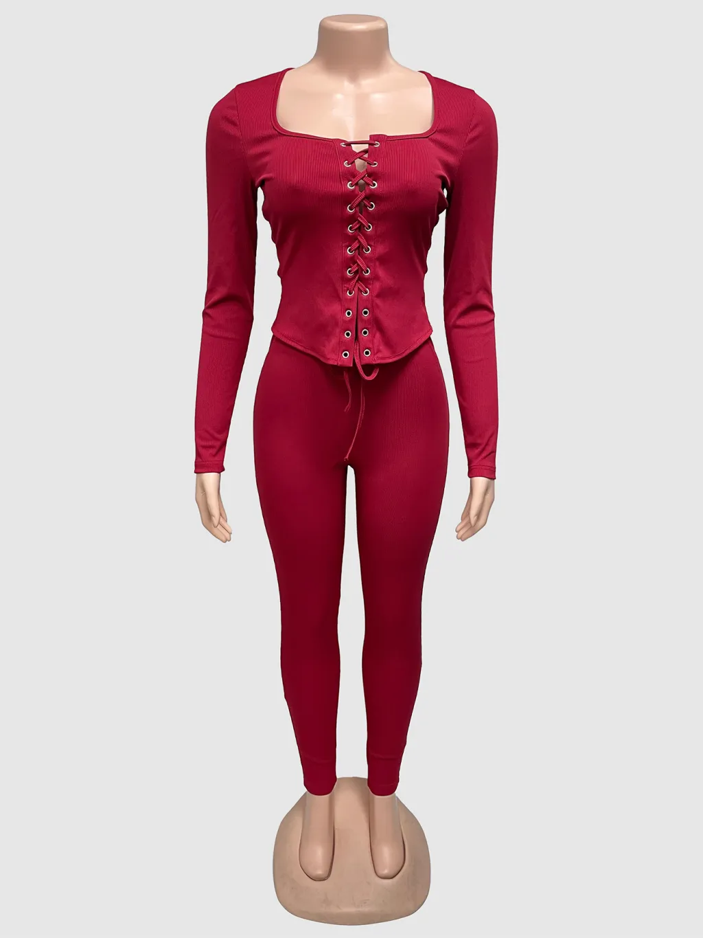 Women's Sexy Girl Chest Tie Long Sleeve Long Pants Solid Color Slim Two-piece Set - Wine Red