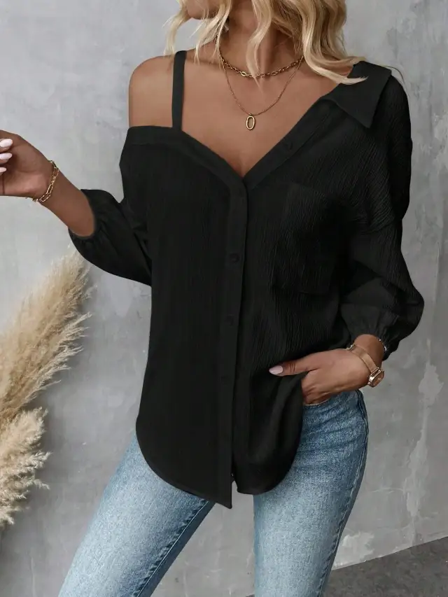 European And American Style Lapel Three quarter Sleeve Off shoulder Cardigan Texture Single breasted Shirt Black - Shop at LoveMi