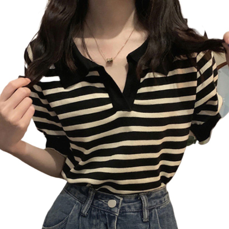 Loose Design Summer Top Contrast Color V-neck Striped T-shirt