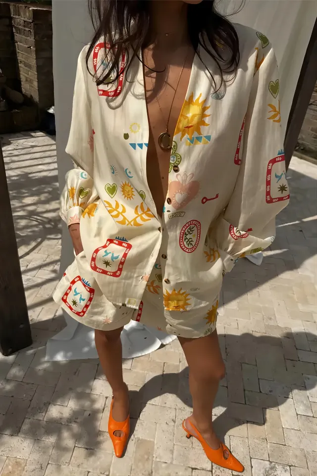 Women's Fashion Printed Linen Leisure All matching Shirt Cardigan Shorts Suit Color - Shop at LoveMi