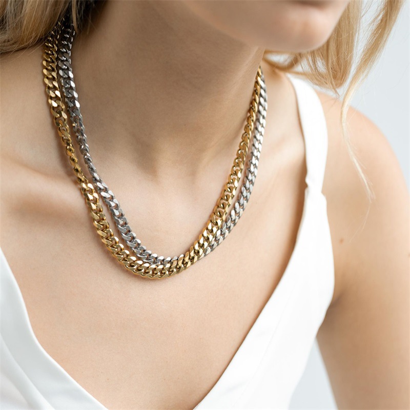 Stainless Steel Cuban-link Streetwear Hip-hop 14K Gold-plated Cuban Chain Necklace