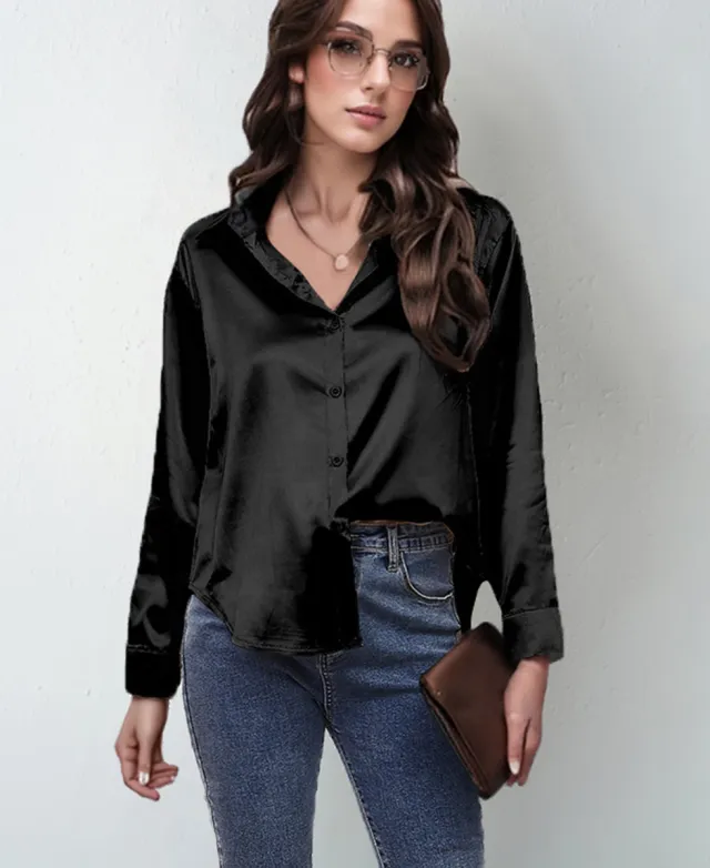 Women's Silk like Long sleeved Shirt Top Black - Shop at LoveMi