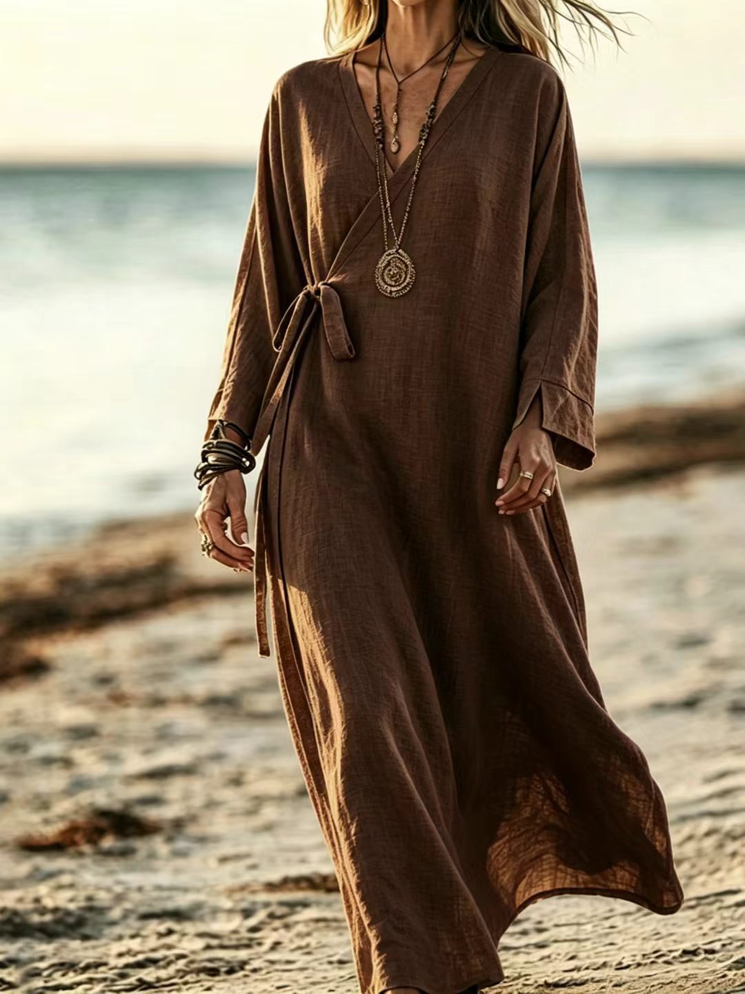 V-neck Crossover Strap Long-sleeve Resort Dress 76405c28 7abb 478b A00e 757c806445a0