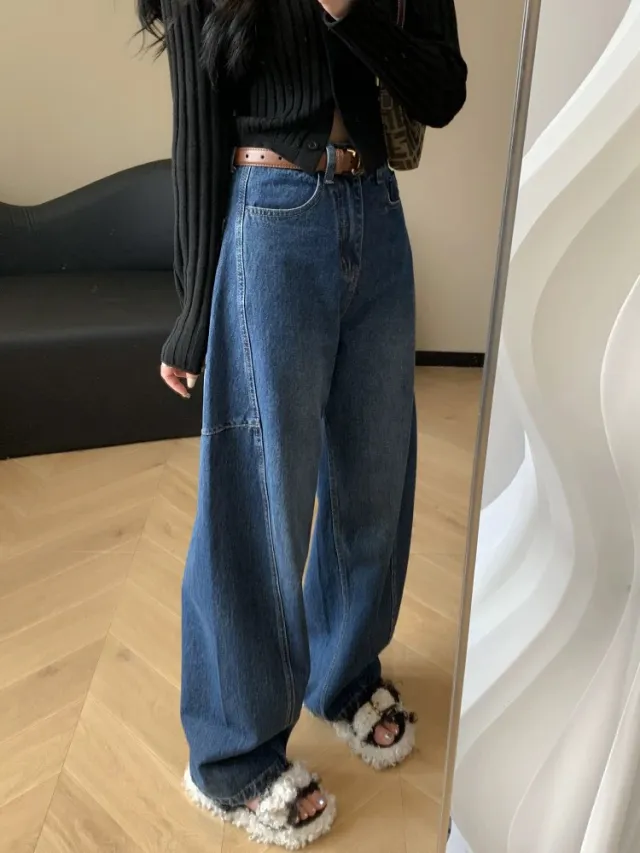 Sickle Wide Leg Thin Jeans Deconstructed Casual Loose Banana Pants Dark Blue - Shop at LoveMi
