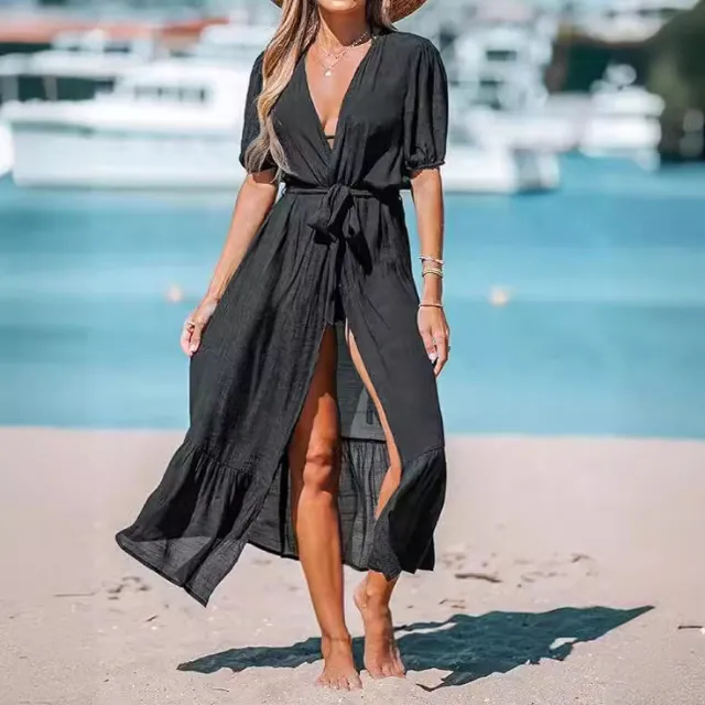 New Tencel Slub Cotton Long Cardigan Kimono Blouse Black - Shop at LoveMi