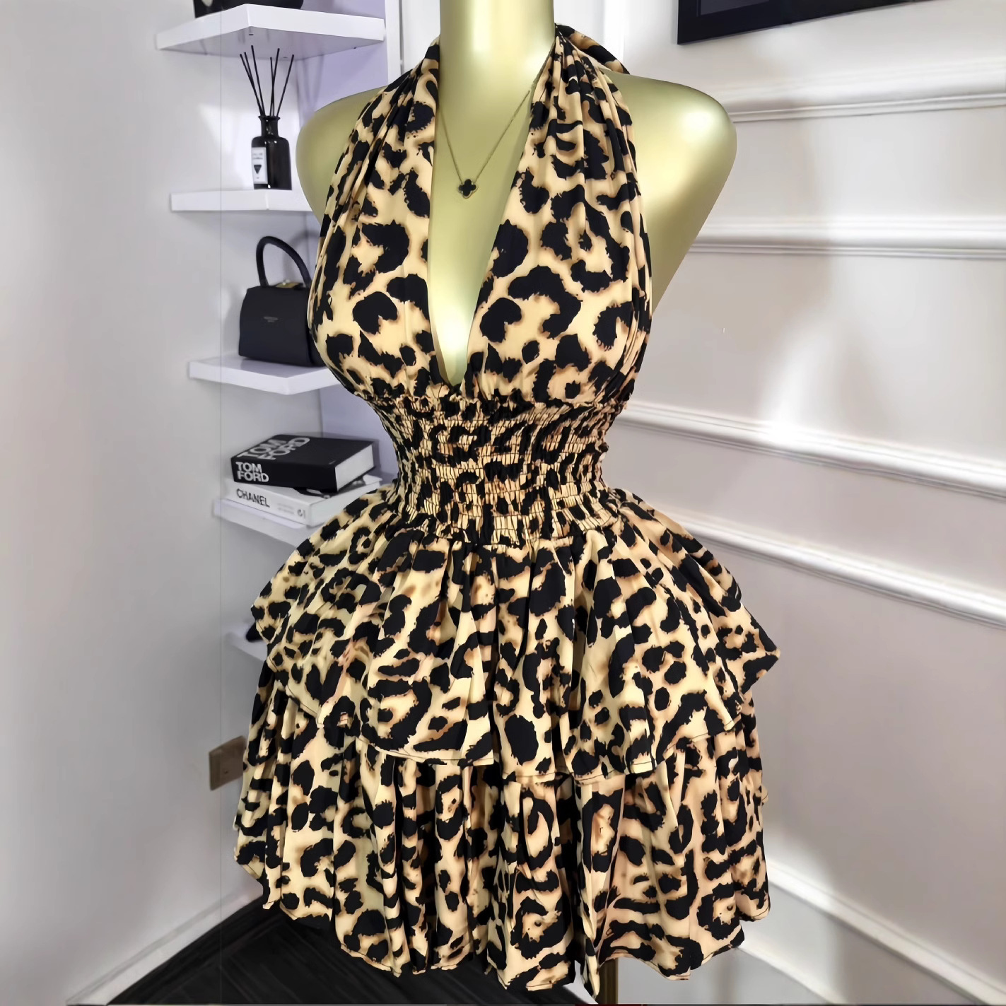 Sleeveless Wrap around Leopard Print Waist cinching Ruffled Puff Short Dress Leopard - Shop at LoveMi