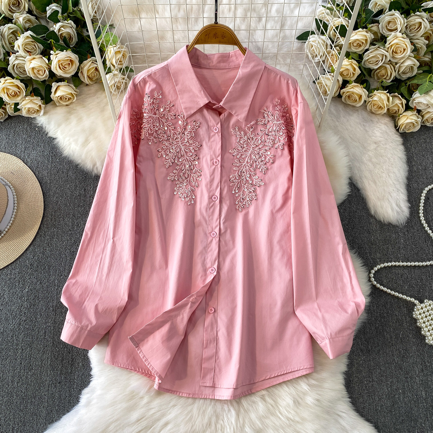 French Style Embroidered Sequin Lapel Shirt For Women — image 1