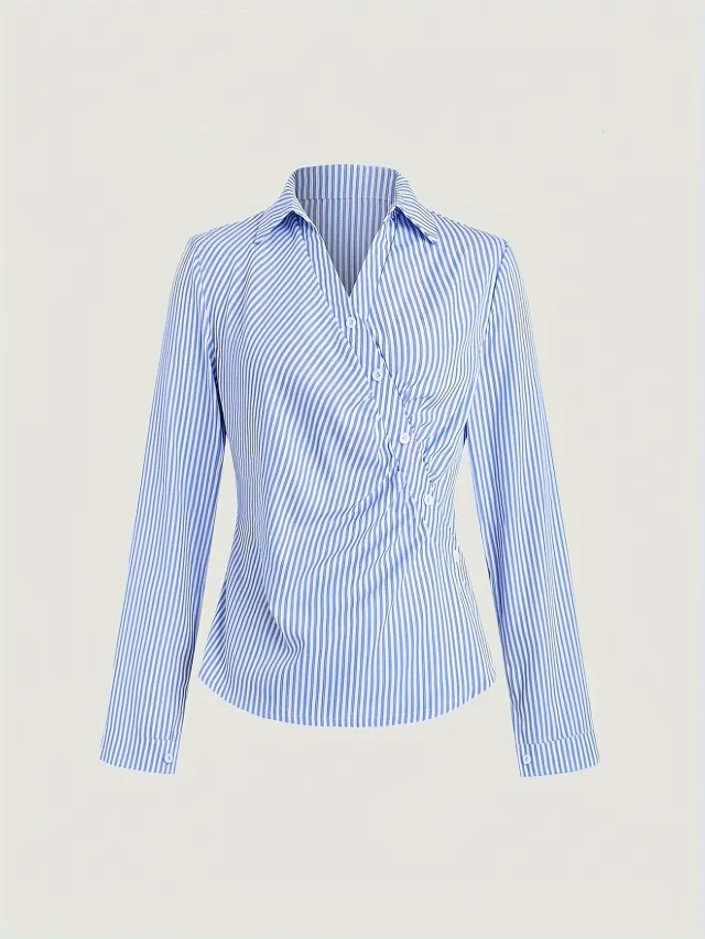 Women's Striped Diagonal Button Long sleeved Casual Shirt Fresh Blue - Shop at LoveMi