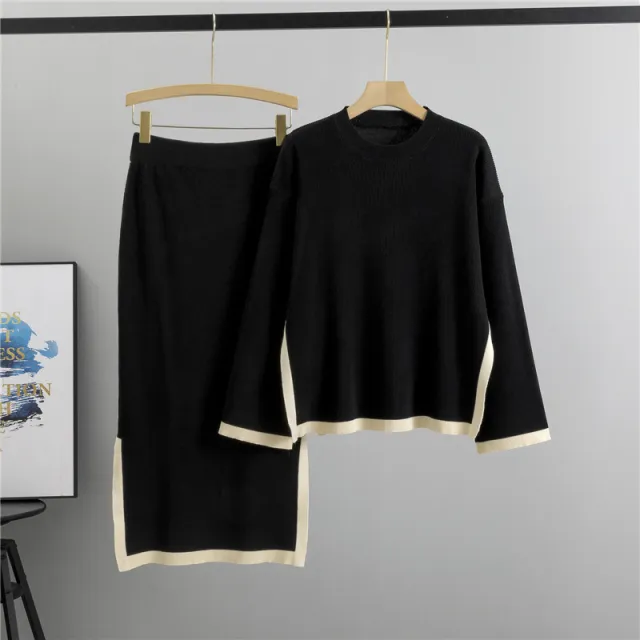 Color Block Crew Neck Top And Slit Skirt Chic Knit Set Black - Shop at LoveMi