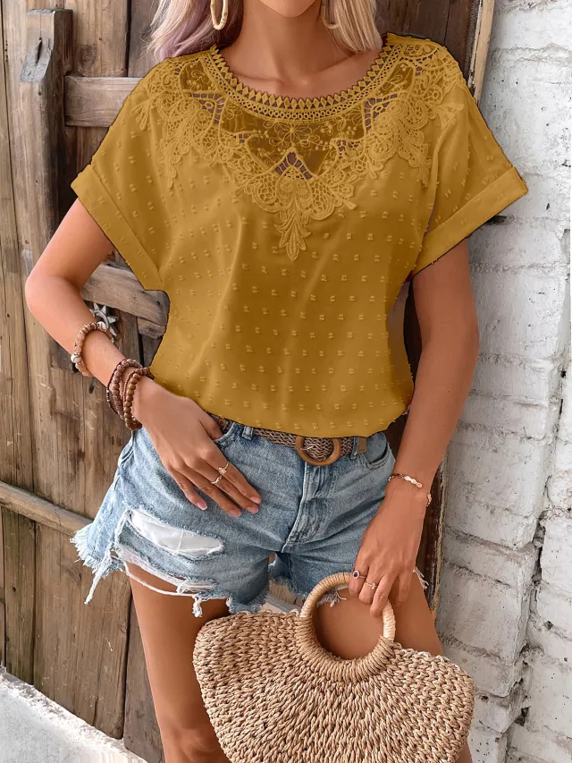 Lace Ruffled Short Sleeves T shirt Loose All matching Top Ginger Xxl - Shop at LoveMi