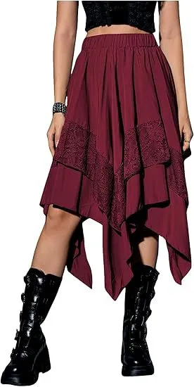 Renaissance style Pleated Half skirt With Asymmetrical Pointed Hem Ethereal And Fairy like Dark Red - Shop at LoveMi