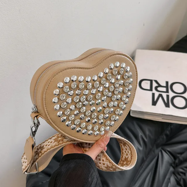 Heart Bag Wide Shoulder Strap Western Style All matching Rivet Crossbody Phone Bag Khaki - Shop at LoveMi
