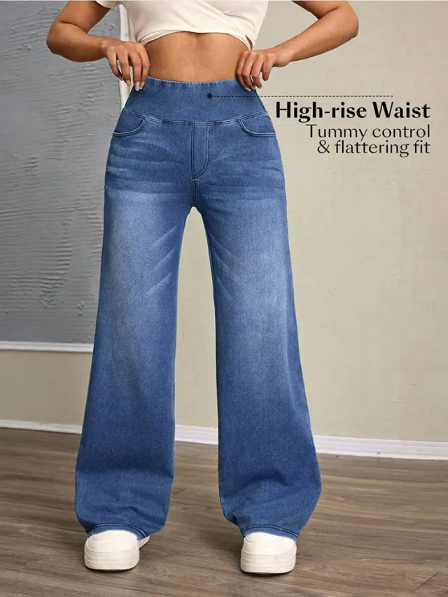 Loose Oversized Retro High waisted Stretch Denim Wide leg Pants Blue - Shop at LoveMi