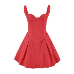 Backless Short Suspender Dress French Square Collar A- Line Mini Skirt - Red - View 1