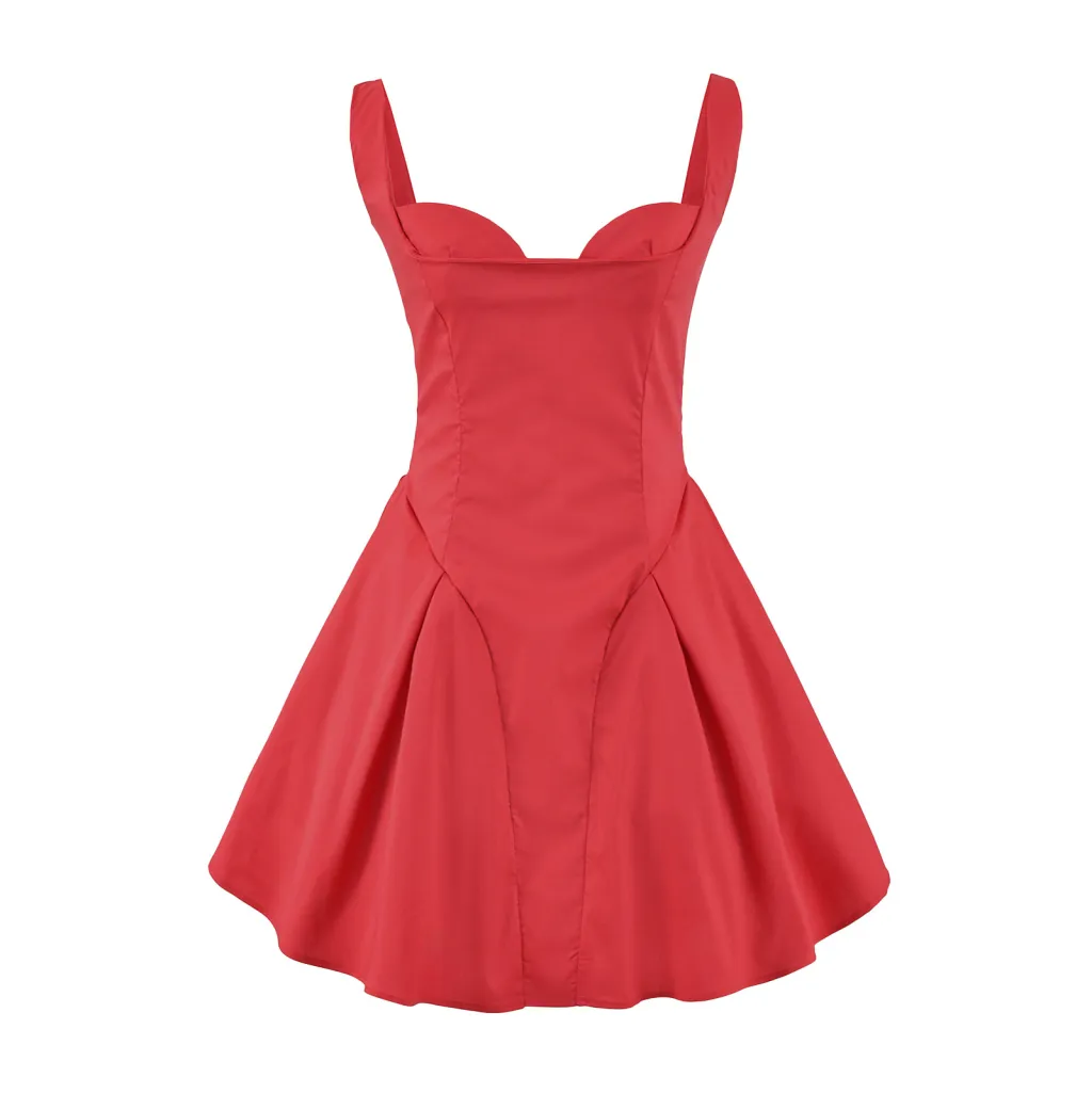 Backless Short Suspender Dress French Square Collar A- Line Mini Skirt - Red
