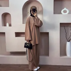 Middle East Dubai Turkey Solid Color Loose Two-piece Suit - Mocha Color - View 1