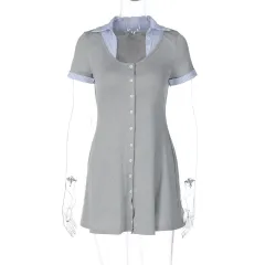 Fashion Cardigan Button Stitching Contrast Colour Short Sleeve Dress - Grey - View 1