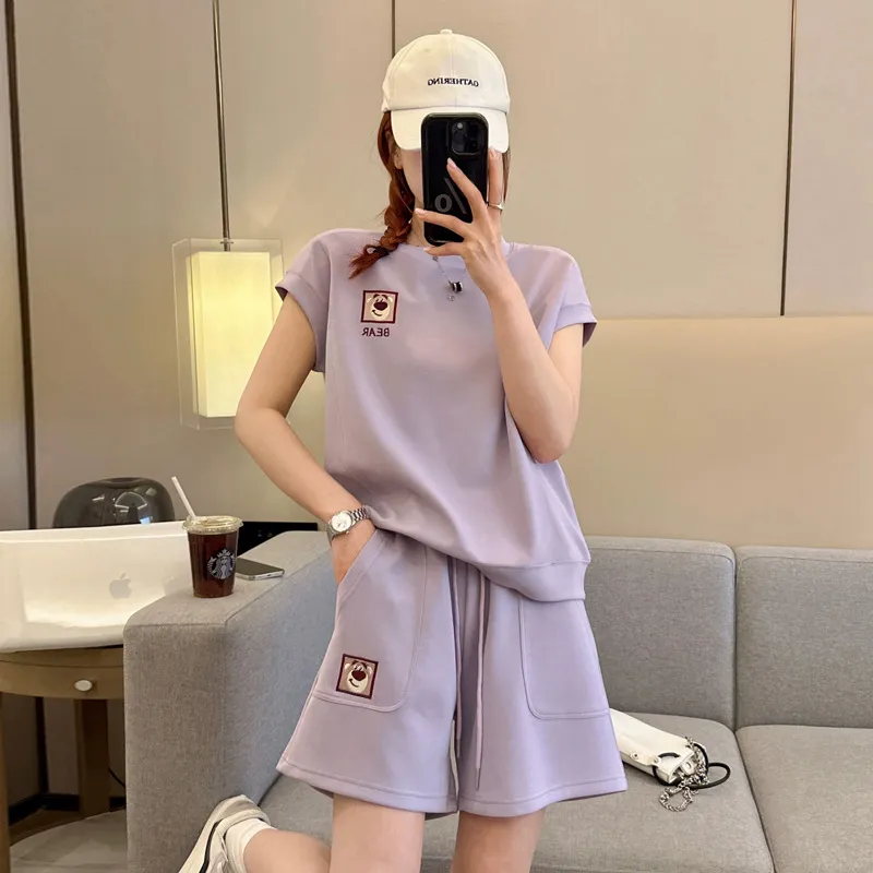 Women's Fashion Casual Embroidered Short-Sleeve Suit - Purple