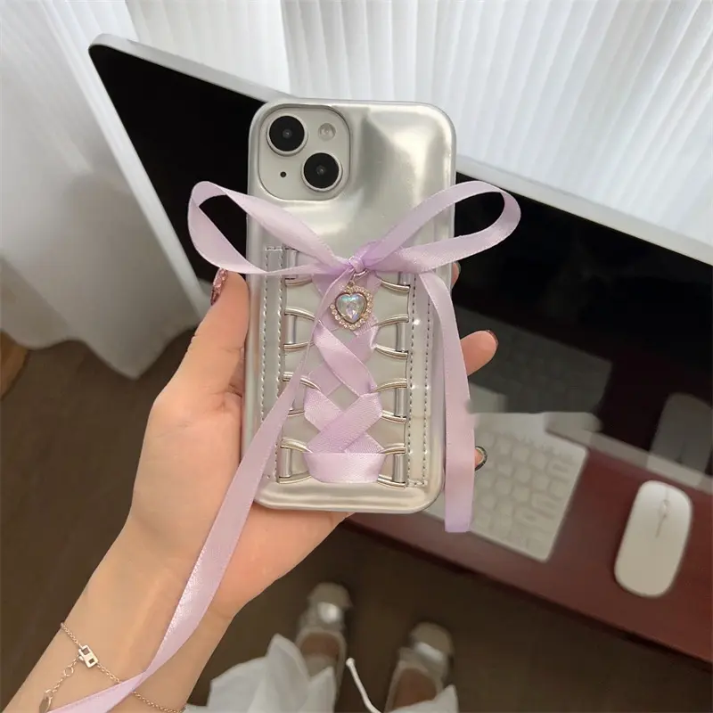 Electroplating Air Cushion Silver Phone Case Shoelace Bow Protective Cover