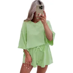Spring And Summer New Solid Colour Short Sleeve Two-piece Set - Green - View 1