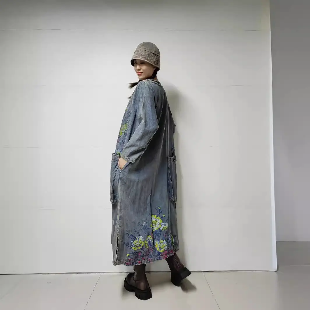 Retro Printed Denim Dress Women's Spring New Loose
