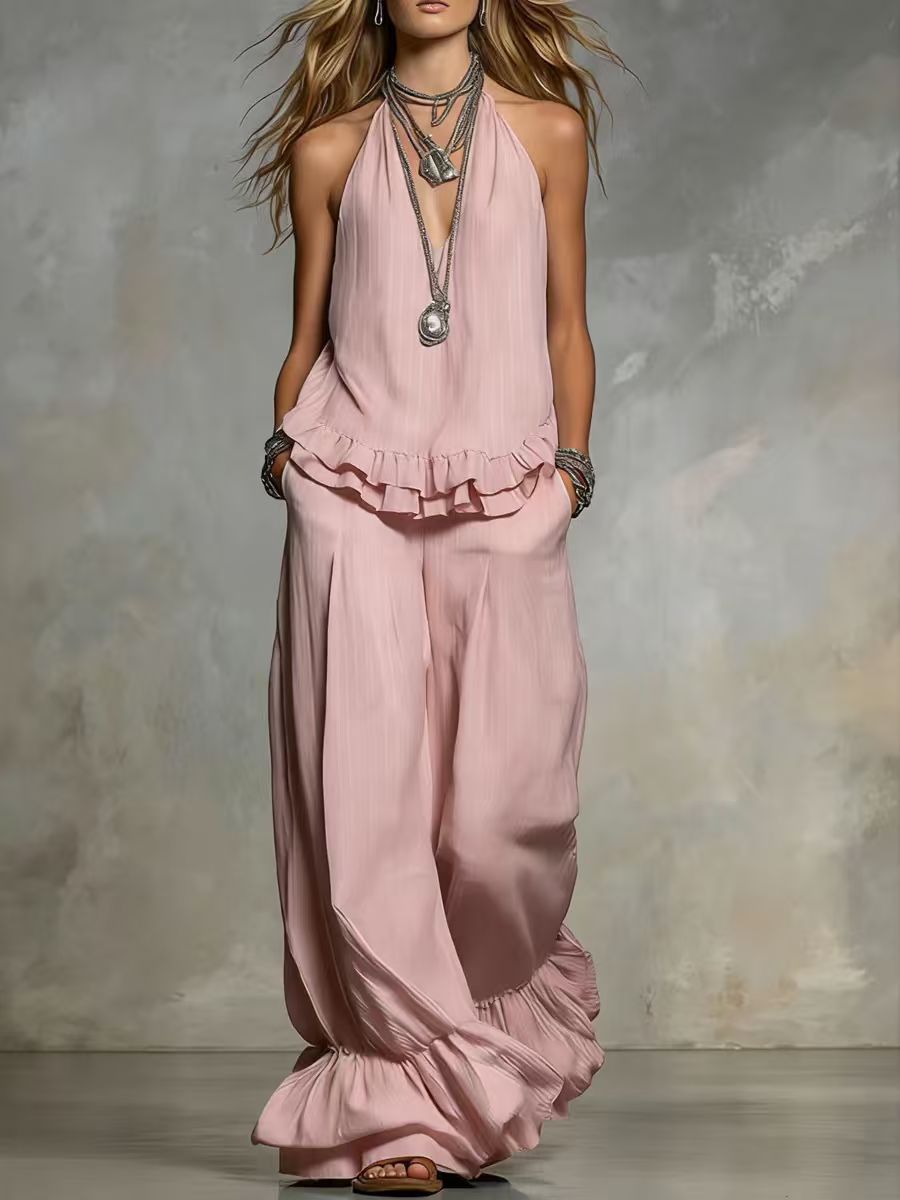 Women's V-neck ruffle-trim puff-sleeve two-piece set, front view showing shirt and pants