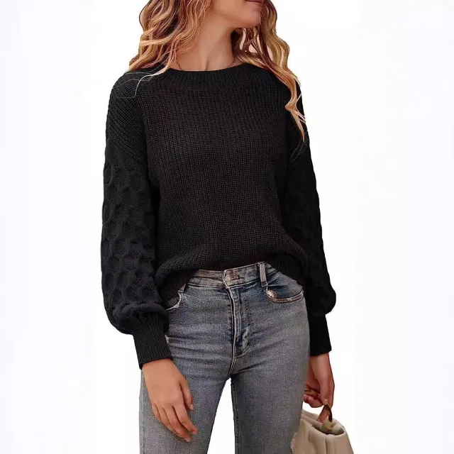 Fashion Lantern Sleeve Round Neck Pullover Knitted Sweater Women Black - Shop at LoveMi