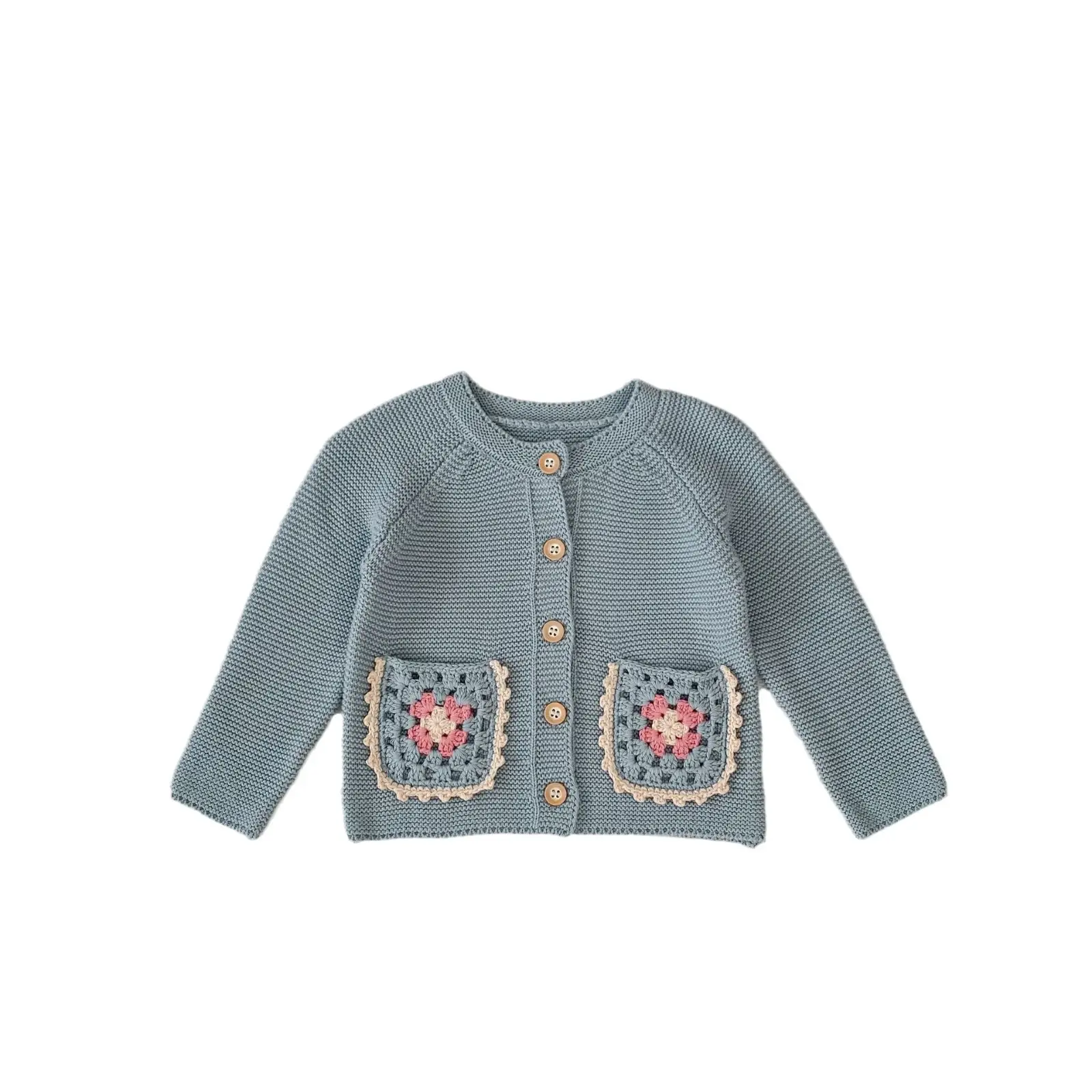 Children's Round Collar Sweater Cardigan Hand Crochet Hollow Flower Pocket Coat