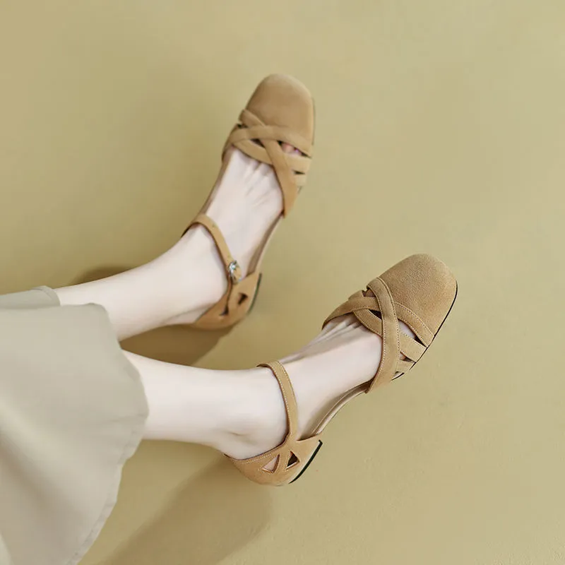 Classic Retro Sandals Women's Summer Round Toe Frosted Toe Box Soft Bottom Flat Shoes - Apricot