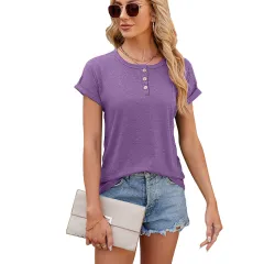 Women's Summer Solid Colour Round Neck Button Loose T-shirt - Purple - View 1