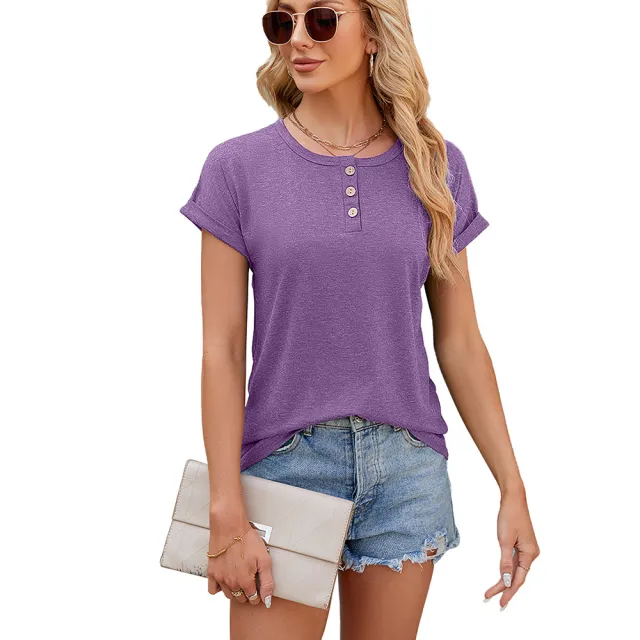 Women's Summer Solid Color Round Neck Button Loose T shirt Purple - Shop at LoveMi