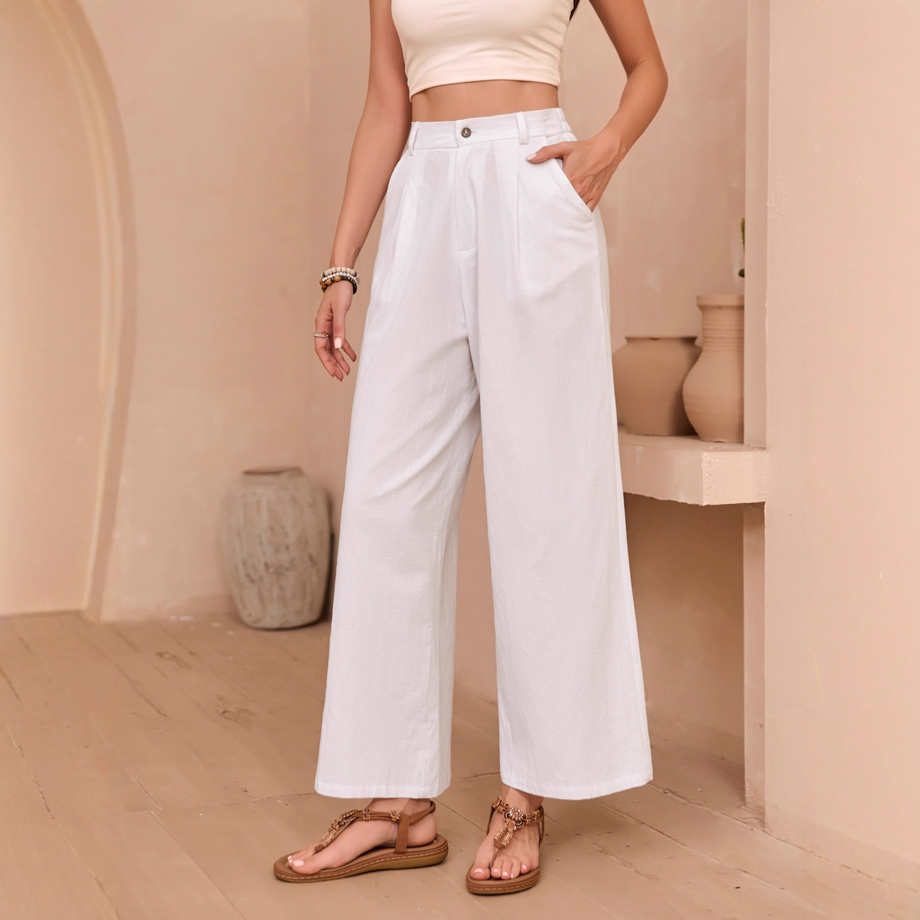 Solid-color Chic Linen Wide-leg Womens Summer High-waisted Draping Casual Pants