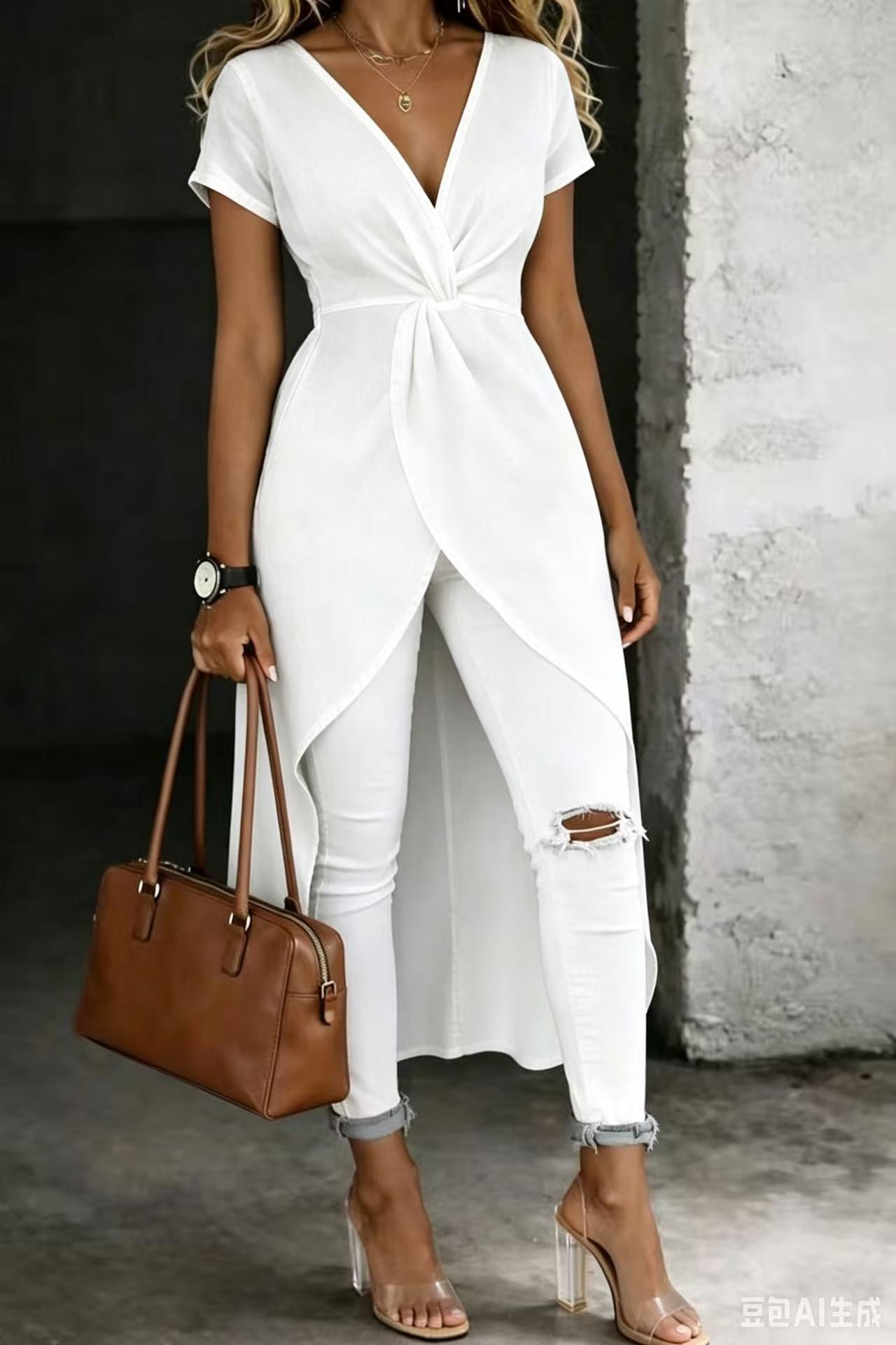 Flared midi skirt set, model wearing lifestyle photo showing full co-ord silhouette