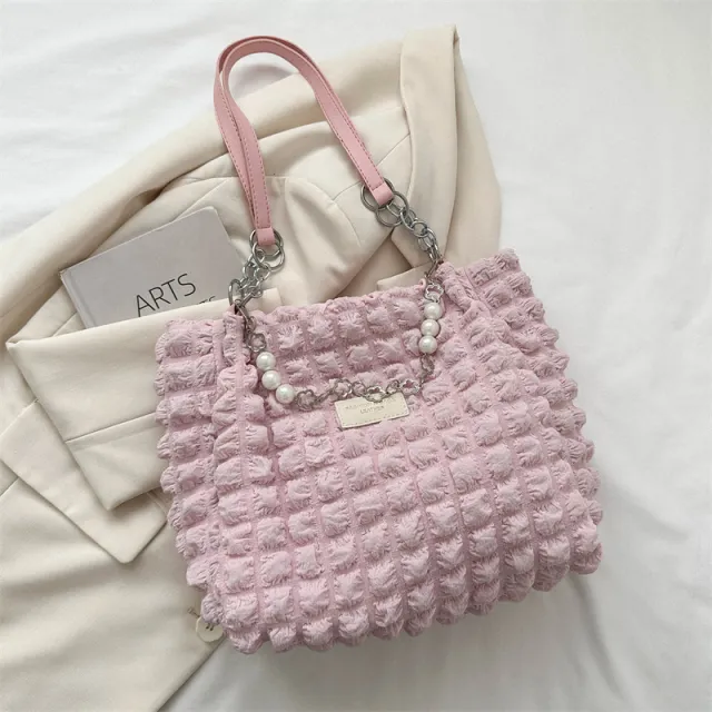 Simple Pleated Shoulder Bag Female Underarm Bag Commuter Tote Pink - Shop at LoveMi