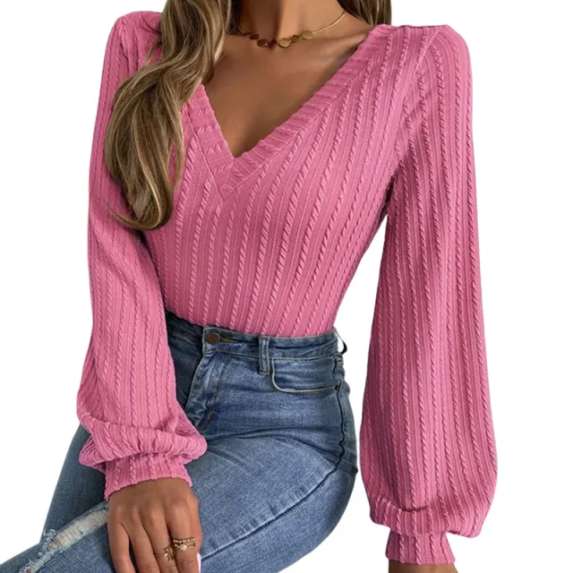 Women's Long sleeved Shirt Tight Low Collar Lantern Sleeve Sweater Pink - Shop at LoveMi