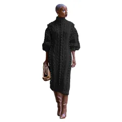 Women's Clothing Casual Turtleneck Slit Knitted Long Dress - Black - View 1