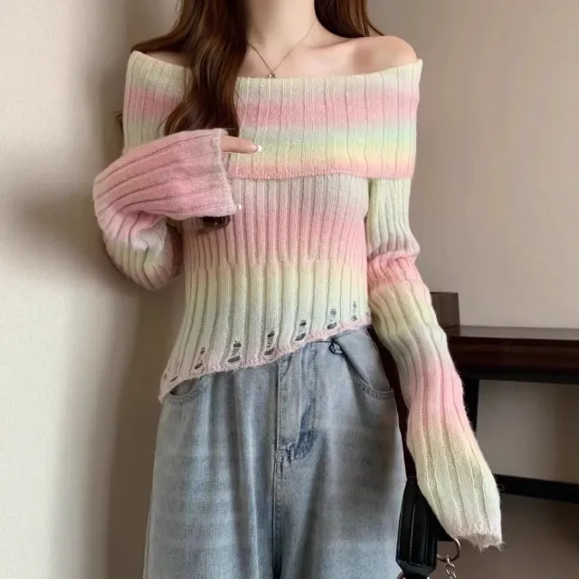 Off shoulder Gradient Irregular Slim fit Sweater For Women Pink - Shop at LoveMi