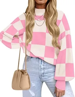 Women's Fashion High Collar Long Sleeve Striped Rib Sweater - Pink Plaid - View 1